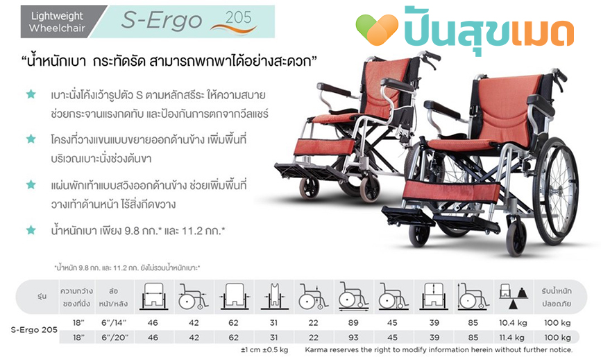 KARMA S-ERGO 205 สีส้ม ล้อเล็ก 14 นิ้ว รถน้ำหนักเบา 10.4 กก. Wheelchair KM-S-ERGO-205-F14