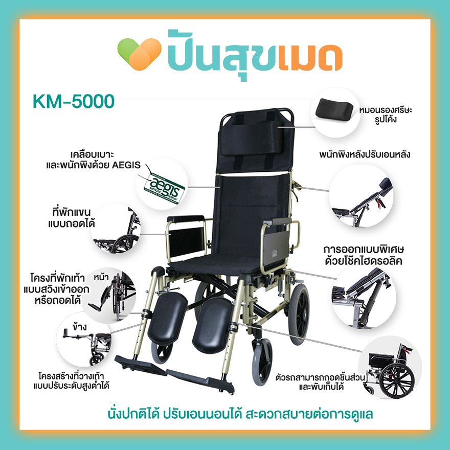 KARMA รถเข็นผู้ป่วย ปรับเอนนอน KM 5000 สีดำ ที่นั่งกว้าง 17 นิ้ว รถนน. 20.3กก. รถเข็นวีลแชร์ Reclining Wheelchair KM-5000 BLACK