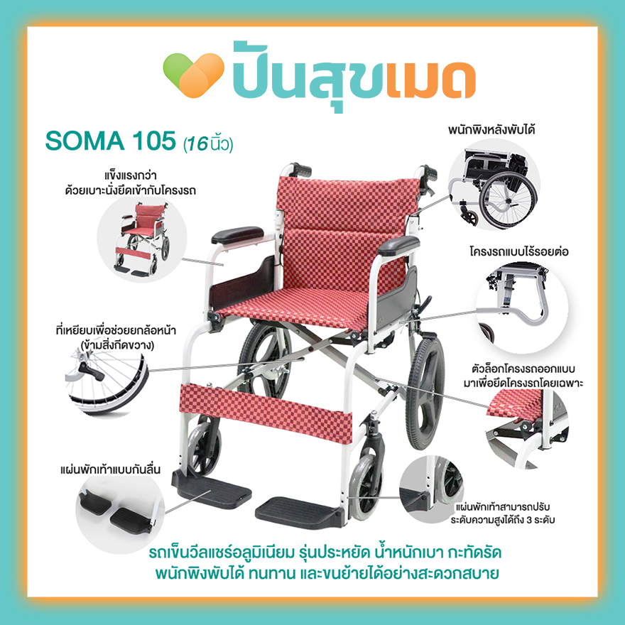 SOMA SM 105 สีแดง ที่นั่งกว้าง 18 นิ้ว ล้อเล็ก รถนน. 11กก. รถเข็นวีลแชร์ รถเข็นผู้ป่วย Wheelchair SM-150.5 16F RED