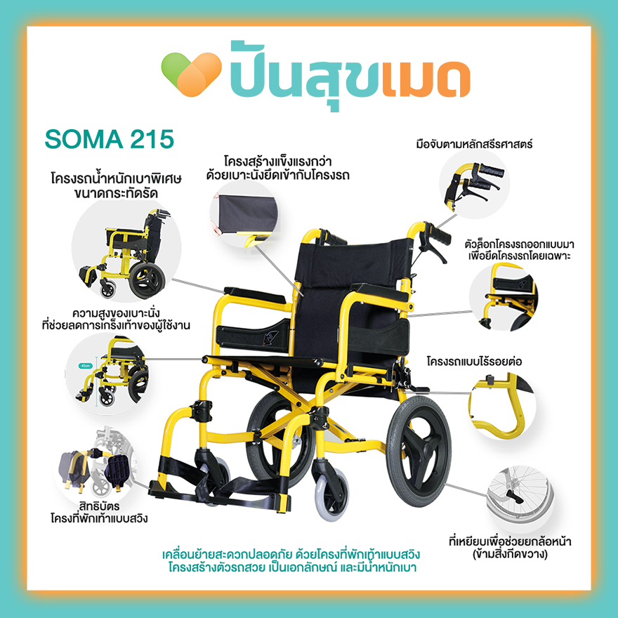 SOMA 215 (SOMA 250.5) สีเหลือง ที่นั่งกว้าง 17 นิ้ว ล้อเล็ก รถนน. 9.9กก. รถเข็นผู้ป่วย Wheelchair SM-250.5 14F YELLOW